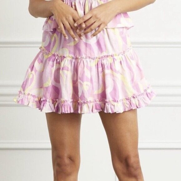 Hill House Pink Candy Kaleidoscope Linen A Line Ruffled Tiered Paz Skirt L NWT - Picture 2 of 3